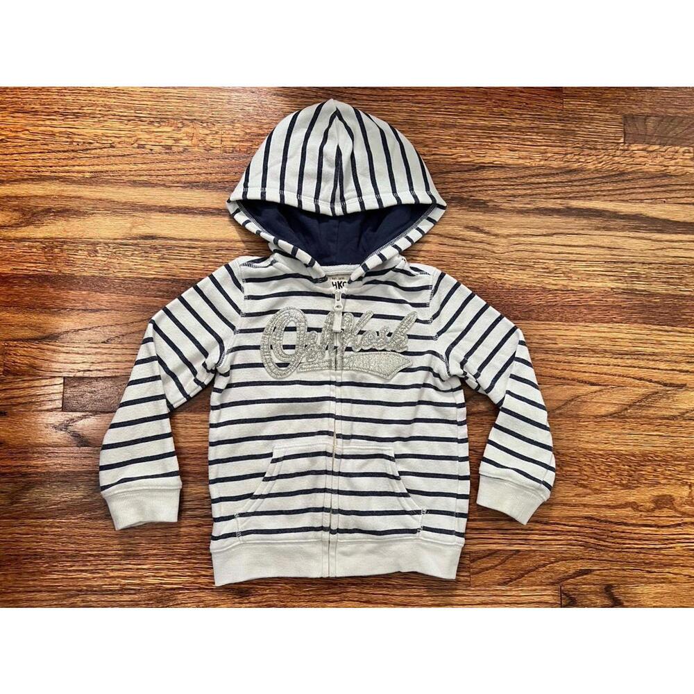 Toddler girl OshKosh white & navy zip up hoodie w/ glitter logo (2T)